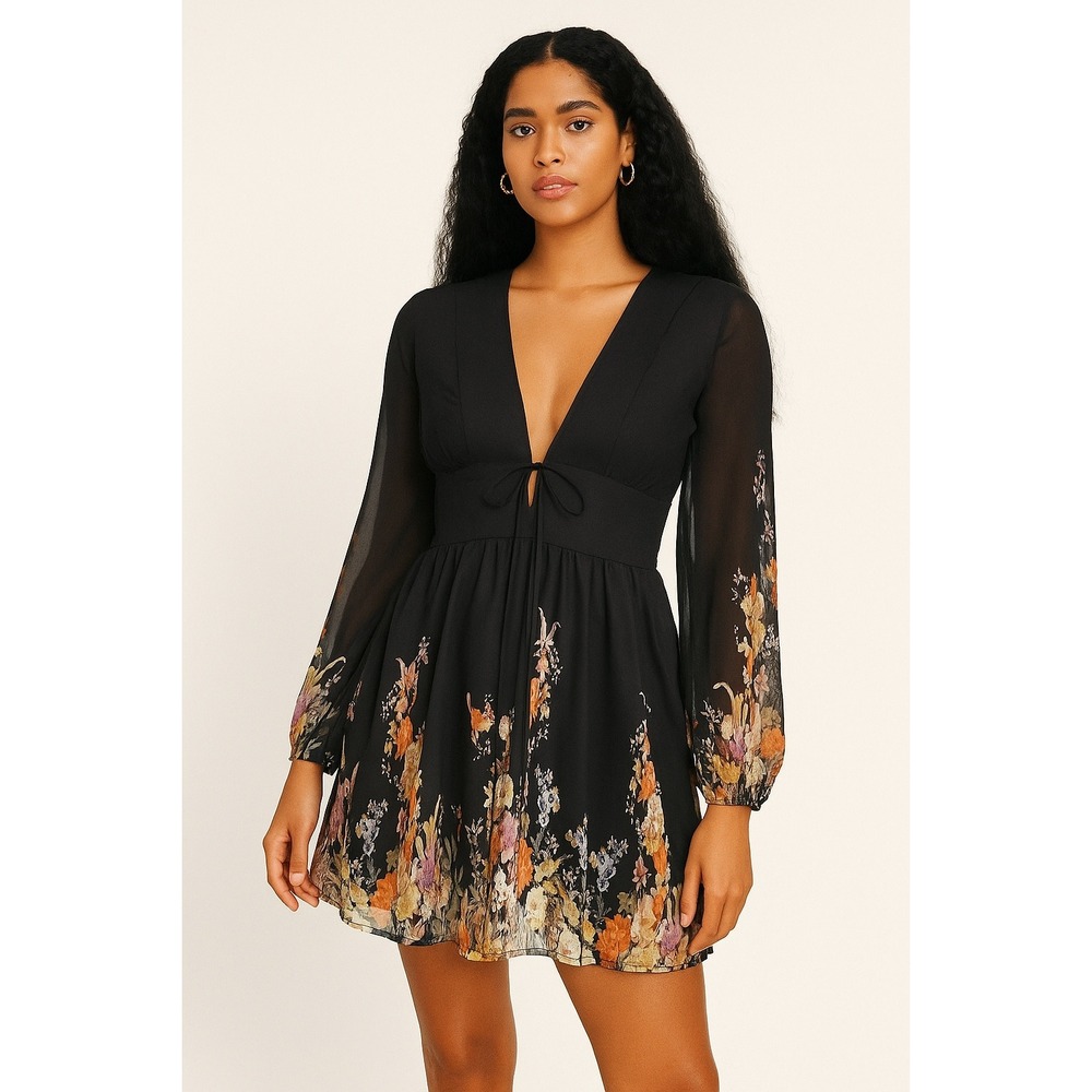 Commense Floral Print Mini Dress Tie Front Long‎ Sleeve Deep V Neck Party size L
